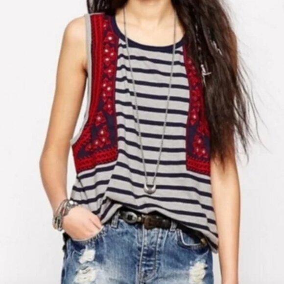 FREE PEOPLE Anthropologie Striped Boho Peasant Festival Tank Top Sz.M - Picture 1 of 5